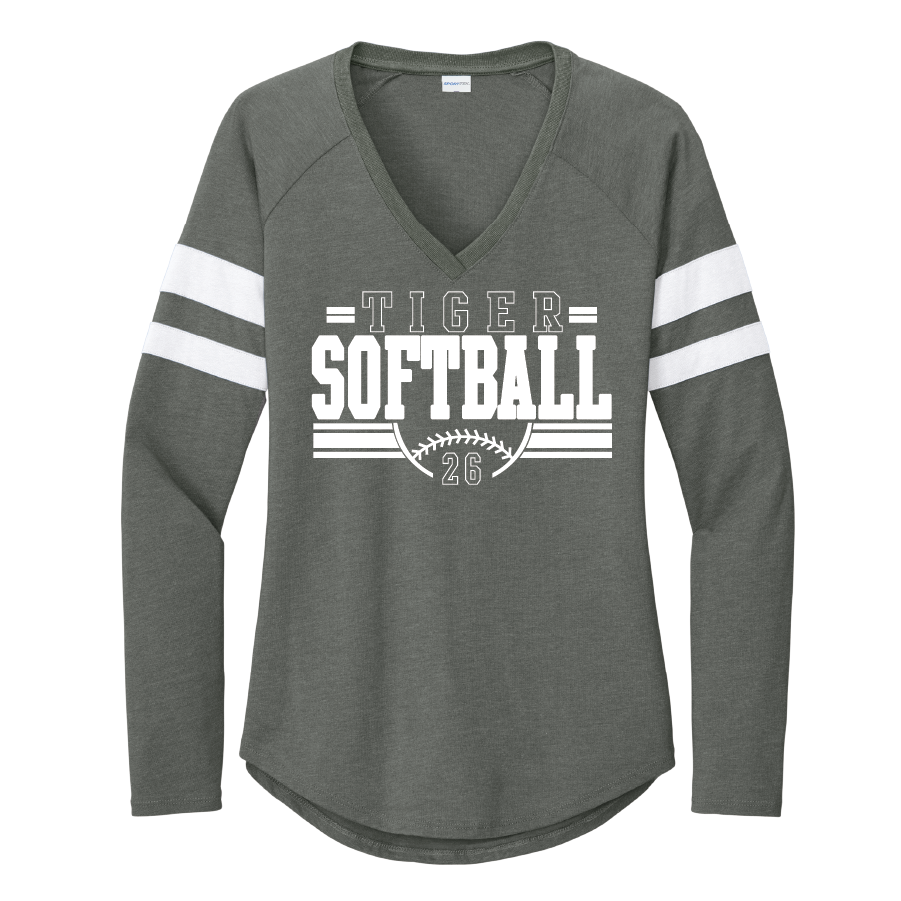 1I. Ladies' Halftime Stripe Long Sleeve V-Neck Tee