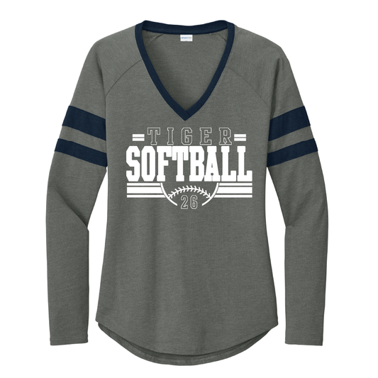 1I. Ladies' Halftime Stripe Long Sleeve V-Neck Tee