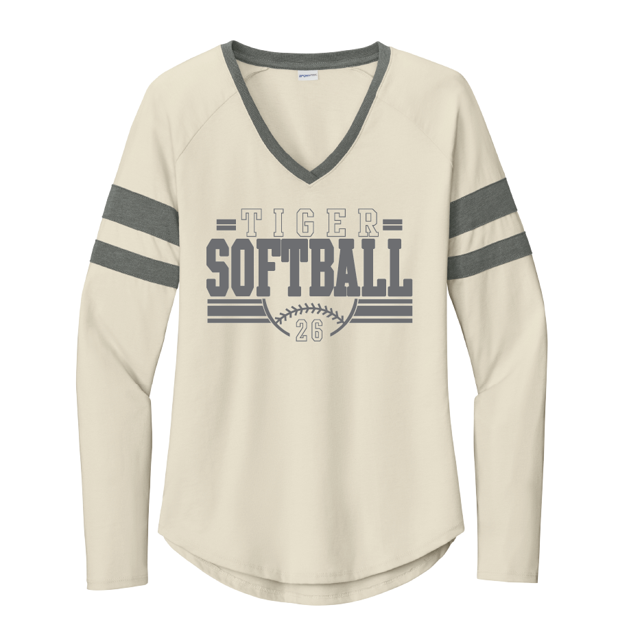 1I. Ladies' Halftime Stripe Long Sleeve V-Neck Tee