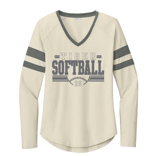 1I. Ladies' Halftime Stripe Long Sleeve V-Neck Tee