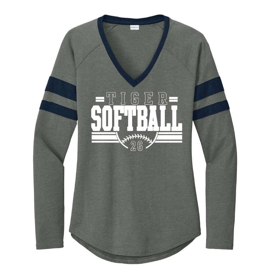 1I. Ladies' Halftime Stripe Long Sleeve V-Neck Tee